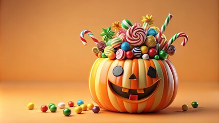 Fototapeta premium A smiling pumpkin overflowing with colorful candies, lollipops, and gum balls on an orange background.