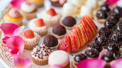 A platter of assorted mini desserts including macarons, fruit tarts, and chocolate truffles
