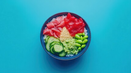 Delicious poke bowl with tuna, rice, cucumber, edamame, and sesame seeds.