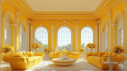 Elegant Yellow Living Room With Large Windows and Sofas