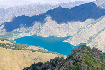 Aerial view of the Heaven Lake, Tianshan Tianchi National Geopark