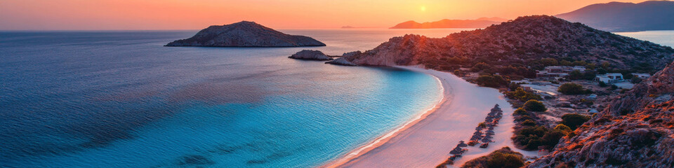 Obraz premium Photo of White sandy beach and blue sea during sunset give a warm and romantic feeling,