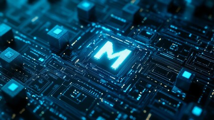 Technology background with letters "M" on a blue background and cubes