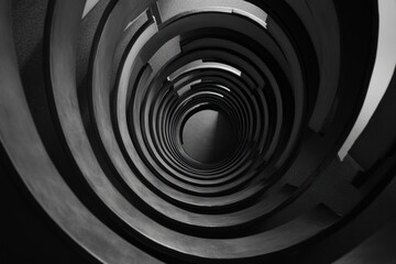 A spiraling tunnel with concentric circular patterns in a monochromatic design.