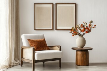 Modern Room Interior Design with Sofa, Picture Frame, Armchair, Side Table, and Wooden Frames on Wall, Beige Color Scheme, Natural Lighting