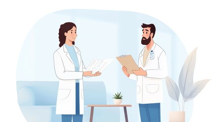 health risks symptoms immunity concept, A professional interaction between two healthcare workers discussing medical documents in a modern, bright office setting.