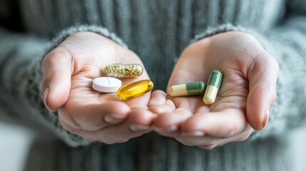 health risks symptoms immunity concept, A person holds various vitamins and supplements in both hands, showcasing an array of colorful capsules and tablets.