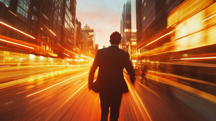 Rear view of businessman boarding on cyber street at sunset in speed motion.