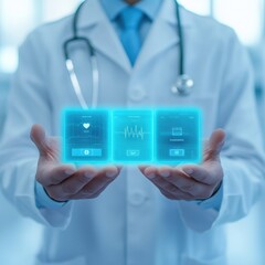 A doctor presenting holographic health data in a futuristic medical environment, showcasing innovation in healthcare technology.