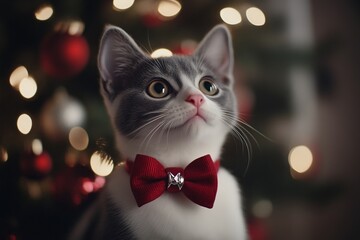 Festive Kitten in Bowtie: A captivating portrait of a gray and white kitten wearing a red bow tie, gazing up with curious eyes against a backdrop of twinkling Christmas lights.  