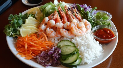Fresh Shrimp Salad with Rice and Colorful Vegetable Garnish
