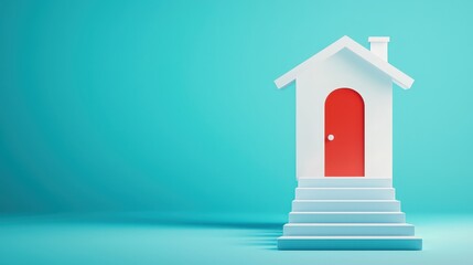 A charming minimalist house with a colorful door, set against a bright blue background. This 3D-rendered image highlights modern design and simplicity.