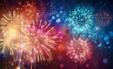 abstract gold, black and blue glitter background with fireworks. christmas eve, 4th of july holiday concept