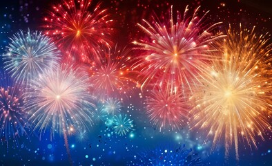 colorful fireworks vector on dark blue background with sparking bokeh