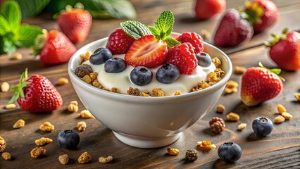 A close-up shot of a bowl of yogurt topped with granola, blueberries, raspberries, and strawberries, surrounded by scattered granola and blueberries on a wooden surface