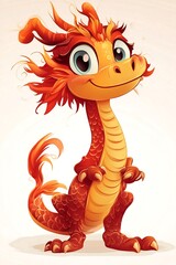 Fototapeta premium Adorable Dragon with Big Eyes: A cartoon illustration featuring a cute, smiling baby dragon with vibrant red and yellow scales. The dragon's large.