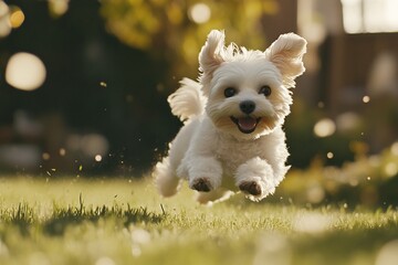 Joyful Leap: A white fluffy dog leaps through a grassy field, tail wagging and tongue out, capturing the pure joy of a sunny day.  