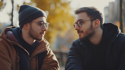 Two men in glasses and jackets are talking outdoors