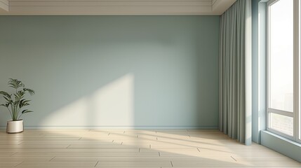 Fototapeta premium Minimalist Pastel pale light blue empty room interior wall background blank backdrop with plants window light shadows online presentations webinars virtual meetings teams video call desktop wallpaper