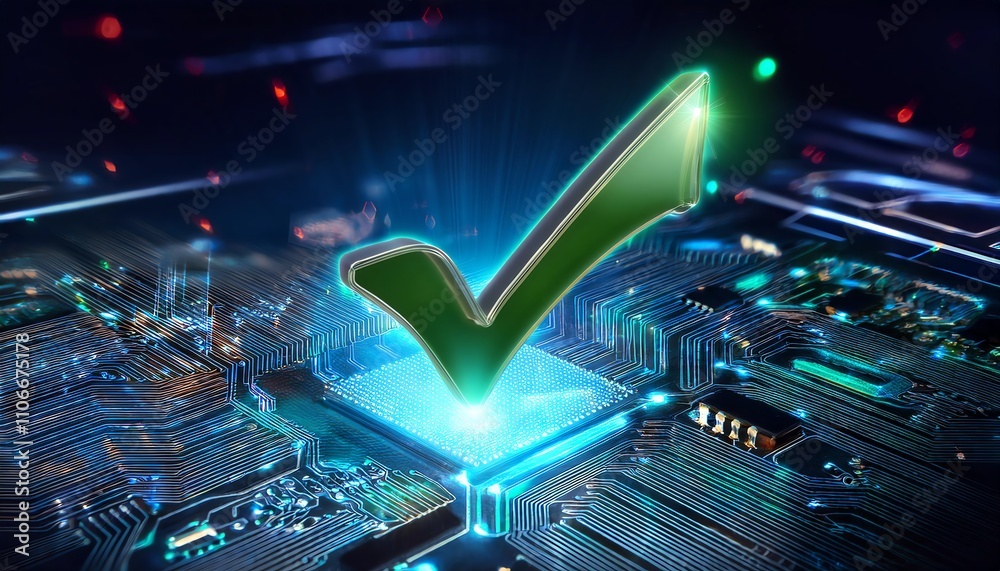 Poster the image features a glowing green check mark above a circuit board, symbolizing validation or appro