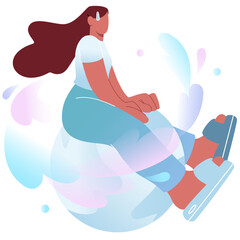 Woman flying and holding onto a planet