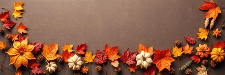 Fall themed frame made of pumpkin and pinecones with a blank center, rustic, background