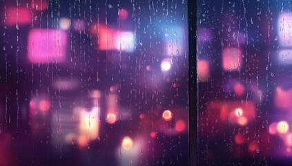 Obraz premium Rainy Window Cityscape at Night with Blurred City Lights and Bokeh Background