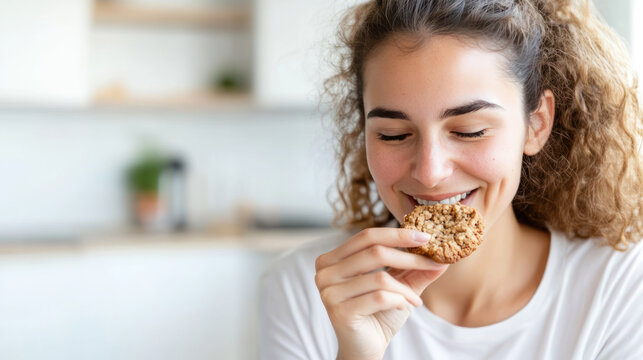Germany woman grabbing eating cookies at kitchen, enjoy family tradition