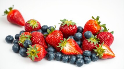 Obraz premium Fresh strawberries and blueberries arranged beautifully on the side of the frame, with plenty of empty space in the middle for text or design elements, fresh fruit, side