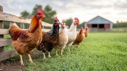Fototapeta premium Chickens on a Farm in a Green Pasture