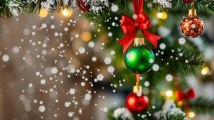 Green christmas tree with a large green circle ornament in the middle surrounded by colorful ornaments, happy, flakes