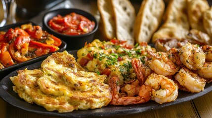 Fototapeta premium A platter of assorted tapas including Spanish tortilla, garlic shrimp, and stuffed peppers