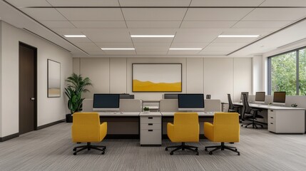 Modern Office Workspace with Yellow Chairs and Natural Light