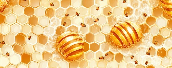 A vibrant illustration of honeycomb with golden honey and bees, emphasizing nature's sweetness.
