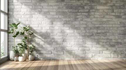 Minimalist Light gray grey stone brick wall empty room interior blank background backdrop with plants window light shadows for online zoom presentations webinars and virtual meetings teams video call