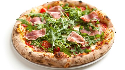 Pizza garnished with ham, arugula, and veggies on white backdrop