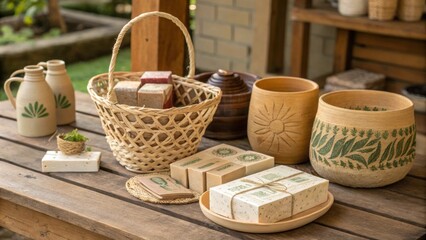 Local artisan products showcased in environmentally friendly packaging made from biodegradable materials.