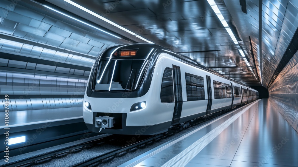 Poster modern sleek train in futuristic subway tunnel with high tech design