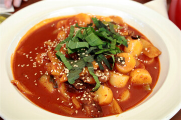 Korean Food with Korean Red Pepper Paste with Meat and Vegetables, Rice Cake and Bokgi