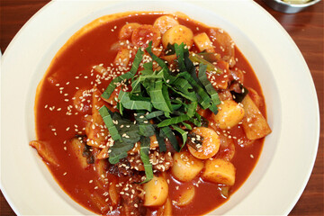 Korean Food with Korean Red Pepper Paste with Meat and Vegetables, Rice Cake and Bokgi