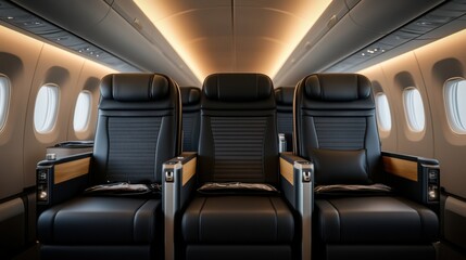 Luxurious Empty Airplane Cabin with Premium Leather Seats Featuring Modern Design and Mood Lighting for Travel Comfort and Experience Enhancement