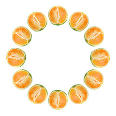 Green orange round watercolor frame isolated on white. High quality hand drawn clip art perfect for food design, packages, restaurant menu, cards, poster, natural organic food ads, label, logo decor