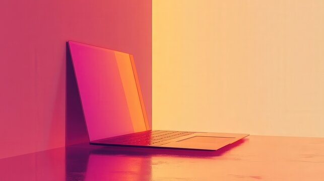 Laptop placed on a minimalist table with office elements