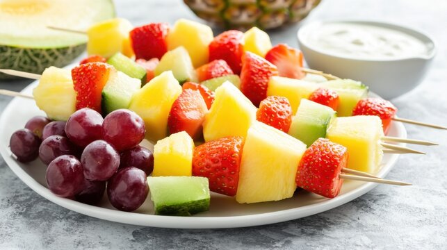 A platter of colorful fruit kabobs featuring strawberries, pineapple, grapes