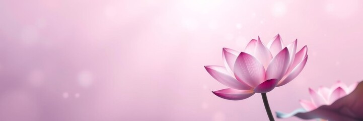 Fototapeta premium Lotus flowers in shades of pink and light purple floating on a shimmering background with sparkles of purple light, background, peaceful