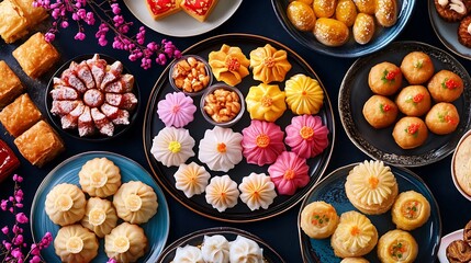 Colorful assortment of Asian pastries and dumplings.