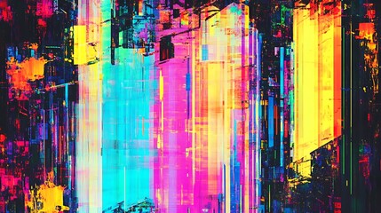 Fototapeta premium Abstract vibrant glitch effect with pixelated distortions and colorful static lines background