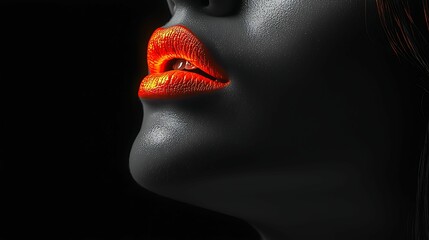Obraz premium A close-up of a stylized face with black skin and vibrant orange lips, emphasizing contrast and artistic expression against a dark background.