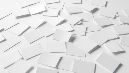 Close-up of individual card blanks scattered on a white surface, blank cards, organized chaos, messy workspace