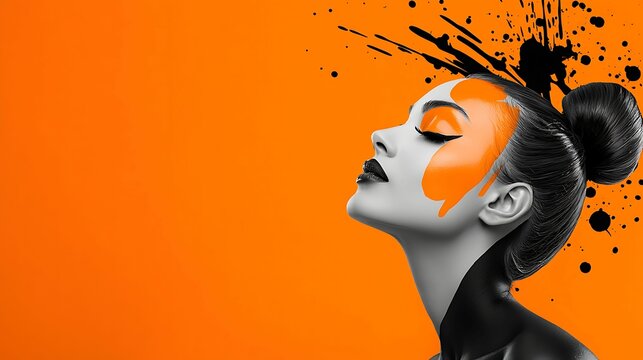 A striking portrait of a woman with artistic orange face paint against a vibrant orange background, showcasing bold creativity and beauty.